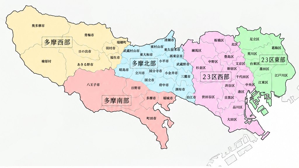 交通費のエリア分け(多摩西部・多摩南部・多摩北部・23区西部・23区東部)の地図